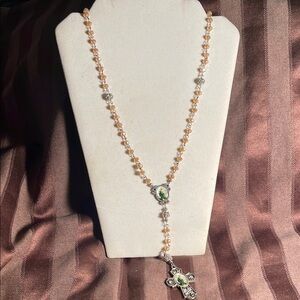 Elegant Crystal and Silver Rosary Cross Necklace